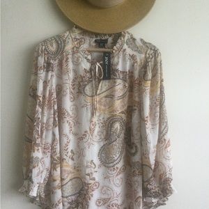 JONES NEW YORK WOMAN BEIGE IVORY PAISLEY PULLOVER BALLOON SLEEVE TUNIC 2X NWT